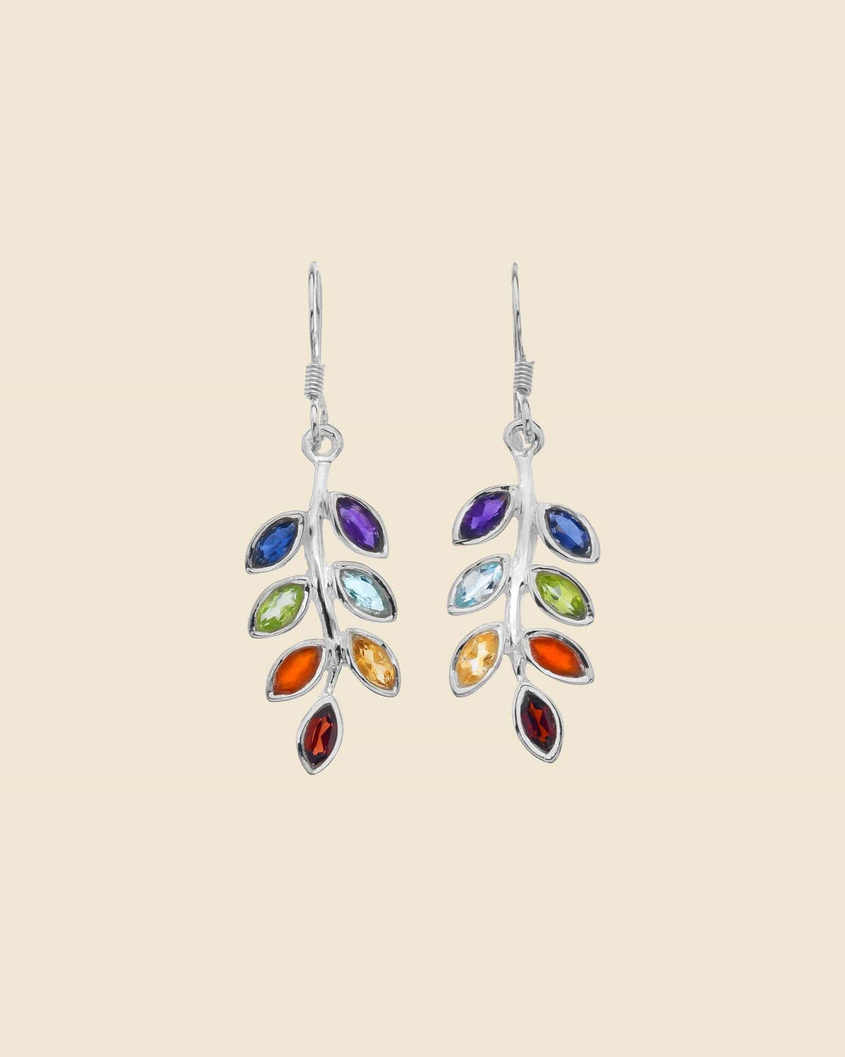 Sterling Silver and Mixed Stone Leaf Drop Earrings