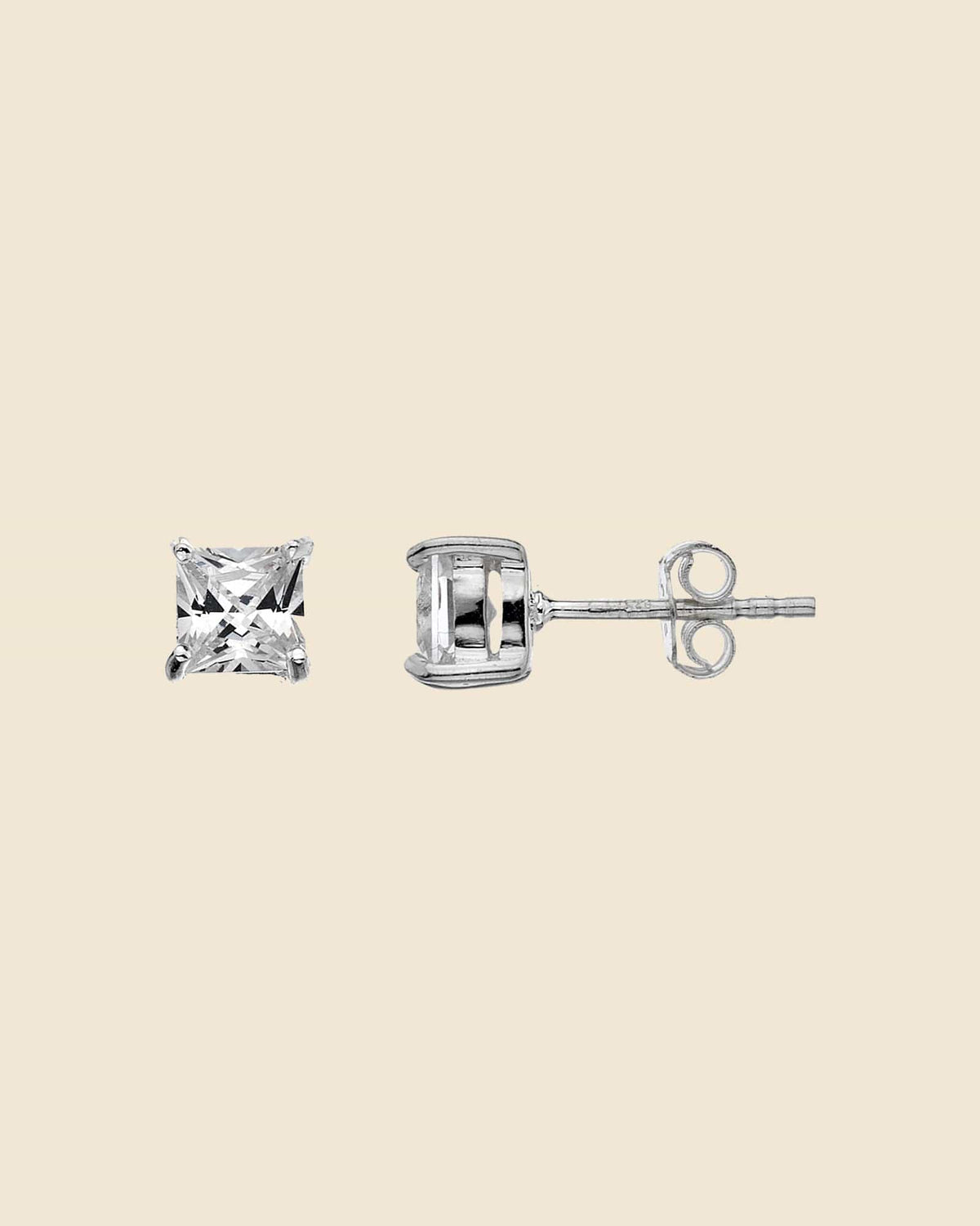 Sterling Silver and Cubic Zirconia 6mm Square Claw Set Studs